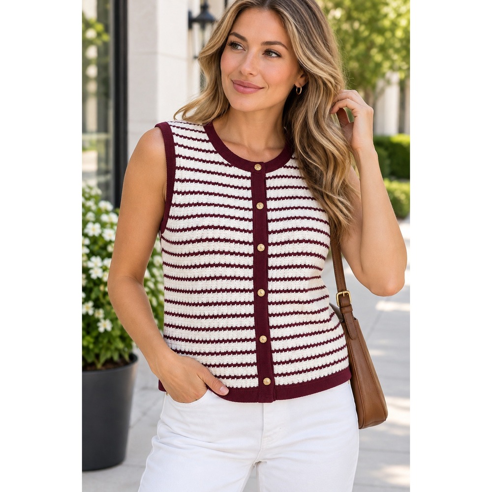 New In Very J Women Burgundy Cream Striped Knit Button Front Vest Gold Buttons L